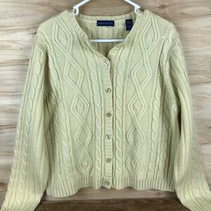 VTG Fisherman Cable Knit Cardigan Sweater Womens L Cream Ivory 1980s Hong Kong